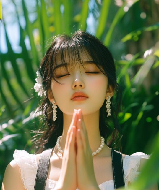 真实的女孩在植物从中双手合十摄影效果
