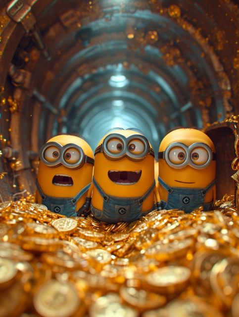 一组可爱的小黄人和金币一起的效果