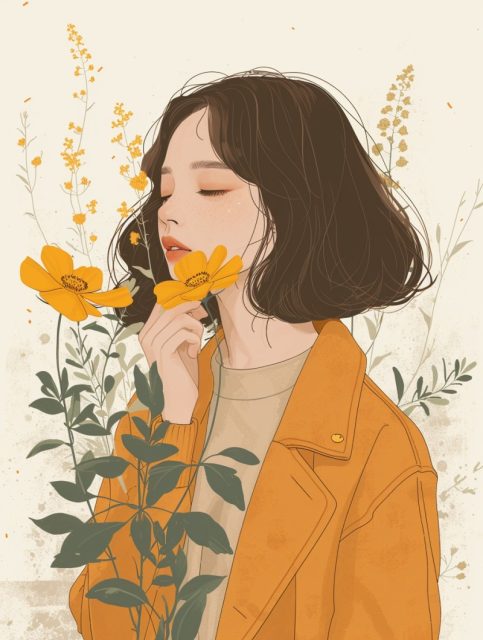 一组黄色鲜花和女孩的插画风格展示