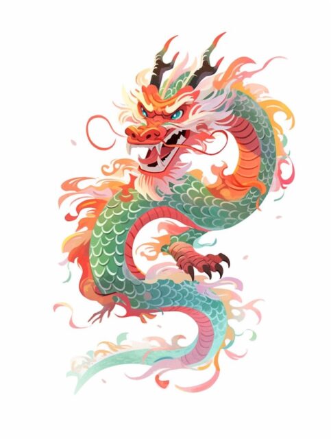 一组干净简约的平面插画中国龙