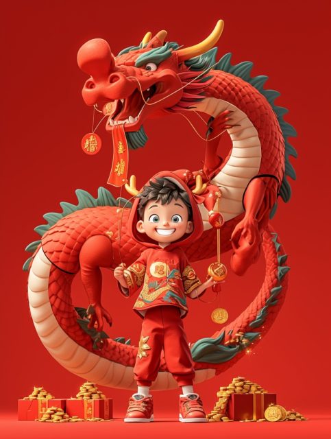 一组小孩和龙在一起的喜庆的卡通图片