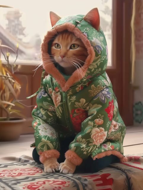 穿着中国东北大花袄的小猫