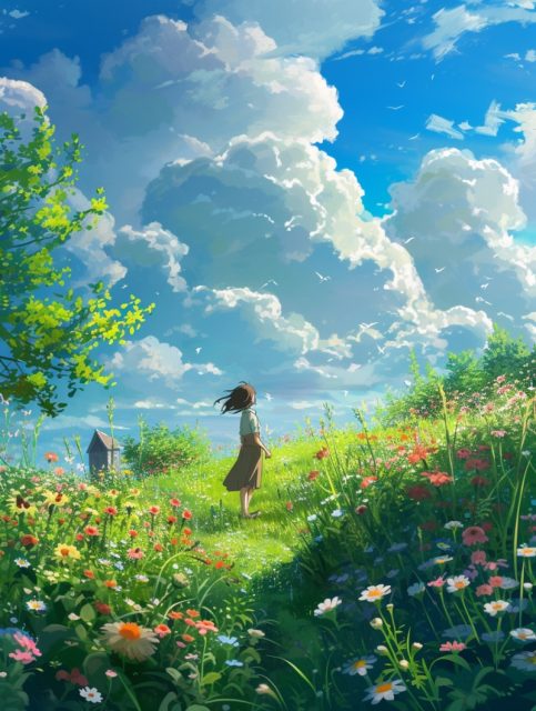 一组吉卜力风格户外场景插画效果