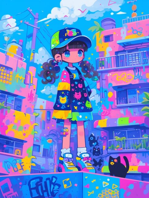 一个可爱的小女孩和小猫一起的场景