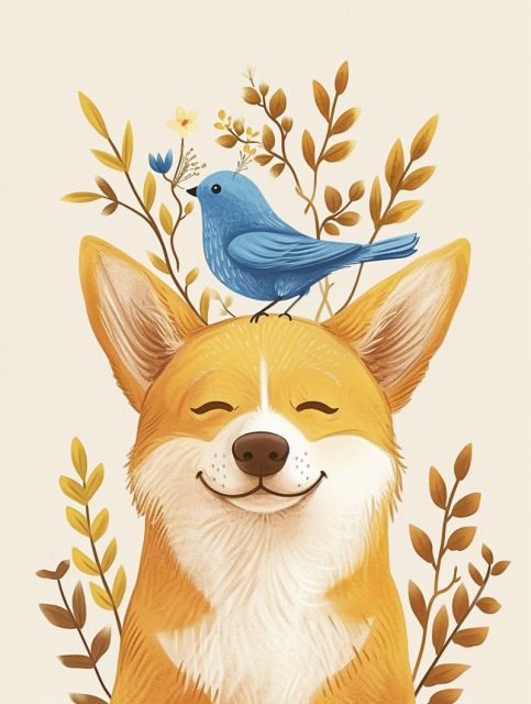 一个可爱的黄色小狗和小鸟一起的插画