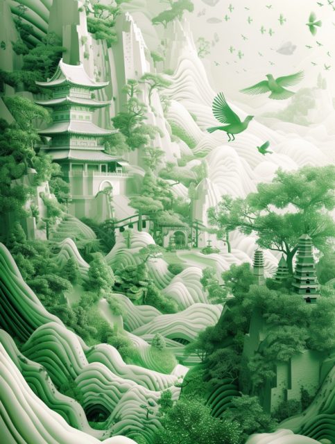一组中国风水山水画插画效果