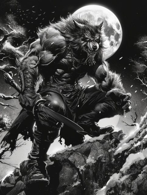 一组黑白狼人卡通插画效果