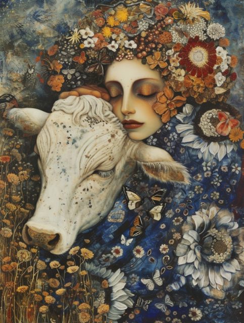 一组有风格特色人物和奶牛的艺术画