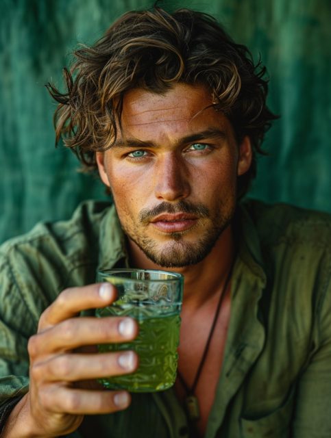 一个穿着绿色衣服喝着饮料的男士写真