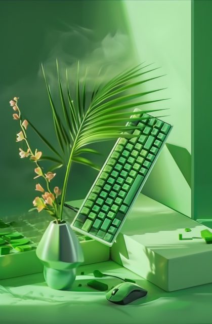 ailab.design_green_keyboard_and_mouse_with_vase_on_it_in_the_st_01ddc3c5-99c1-4484-ad48-2a1e370f2548