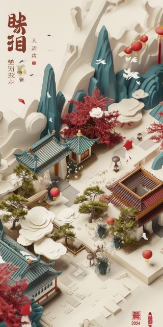 一个剪纸风格中国场景展示